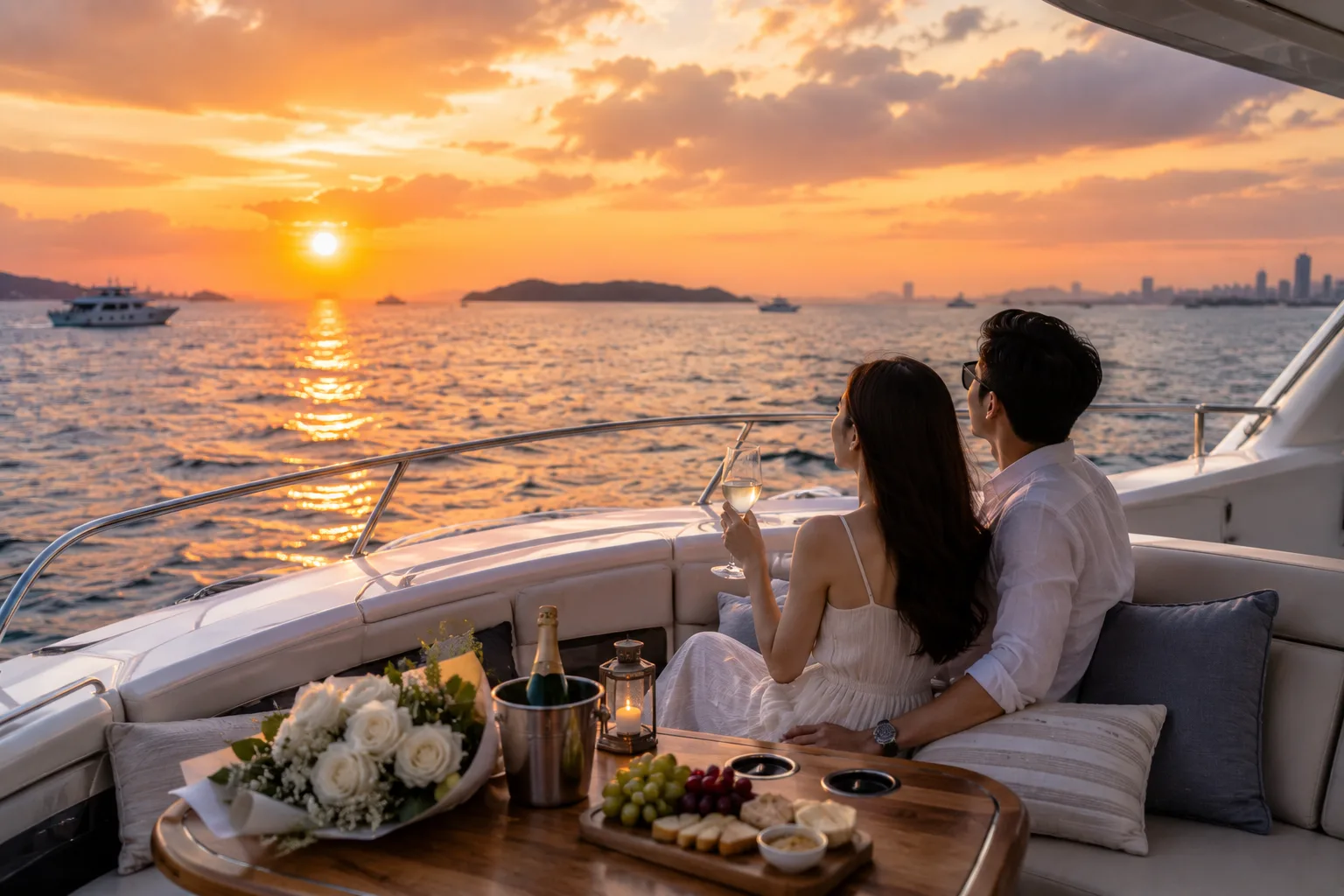 คู่รักกำลังพักผ่อนบนเรือยอชต์ส่วนตัวใกล้เกาะล้าน