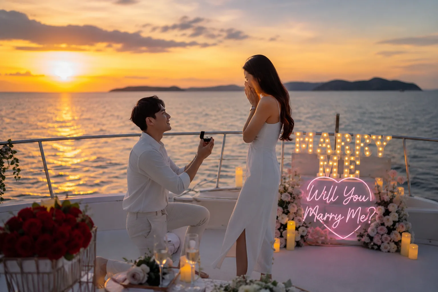 Couple preparing a proposal on a Pattaya sunset yacht cruise