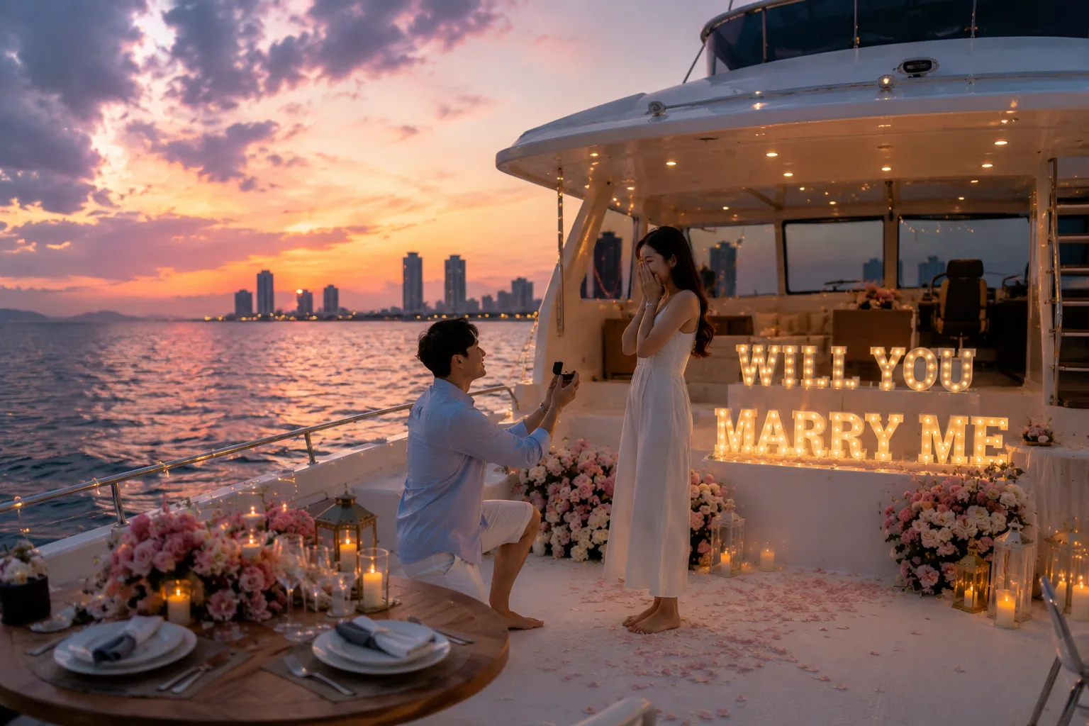 Proposal decoration on a private yacht with Pattaya sunset sea view