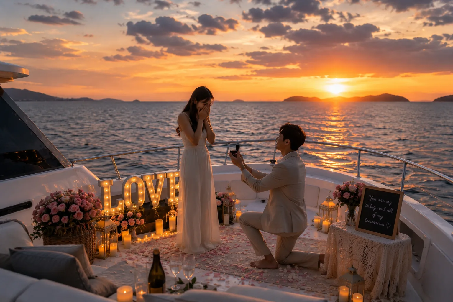 Romantic proposal on a yacht during sunset in Pattaya