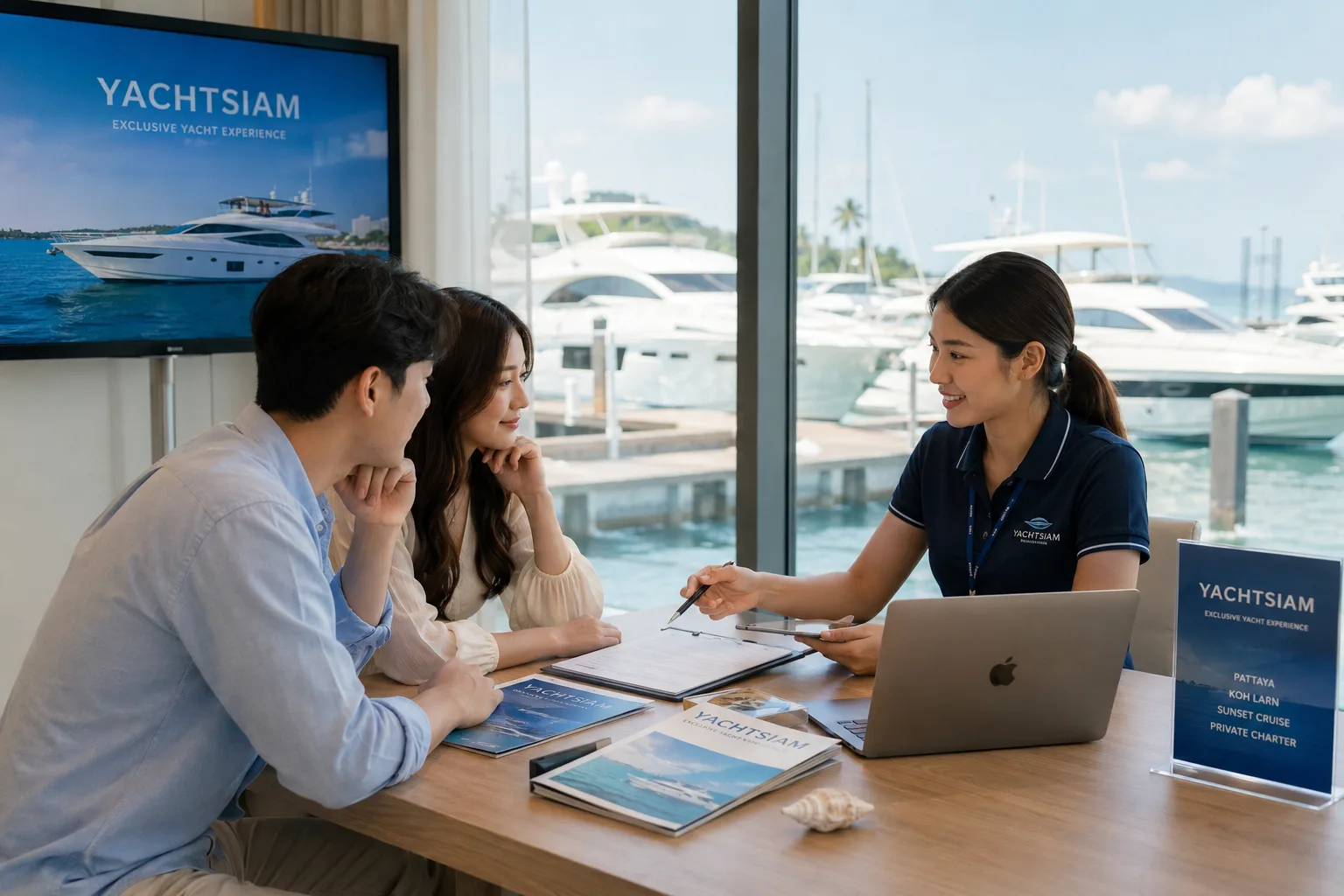 Pattaya Yacht Consultation Before Booking 파타야 프라이빗 요트 상담을 진행하는 여행객과 YachtSiam 상담 장면