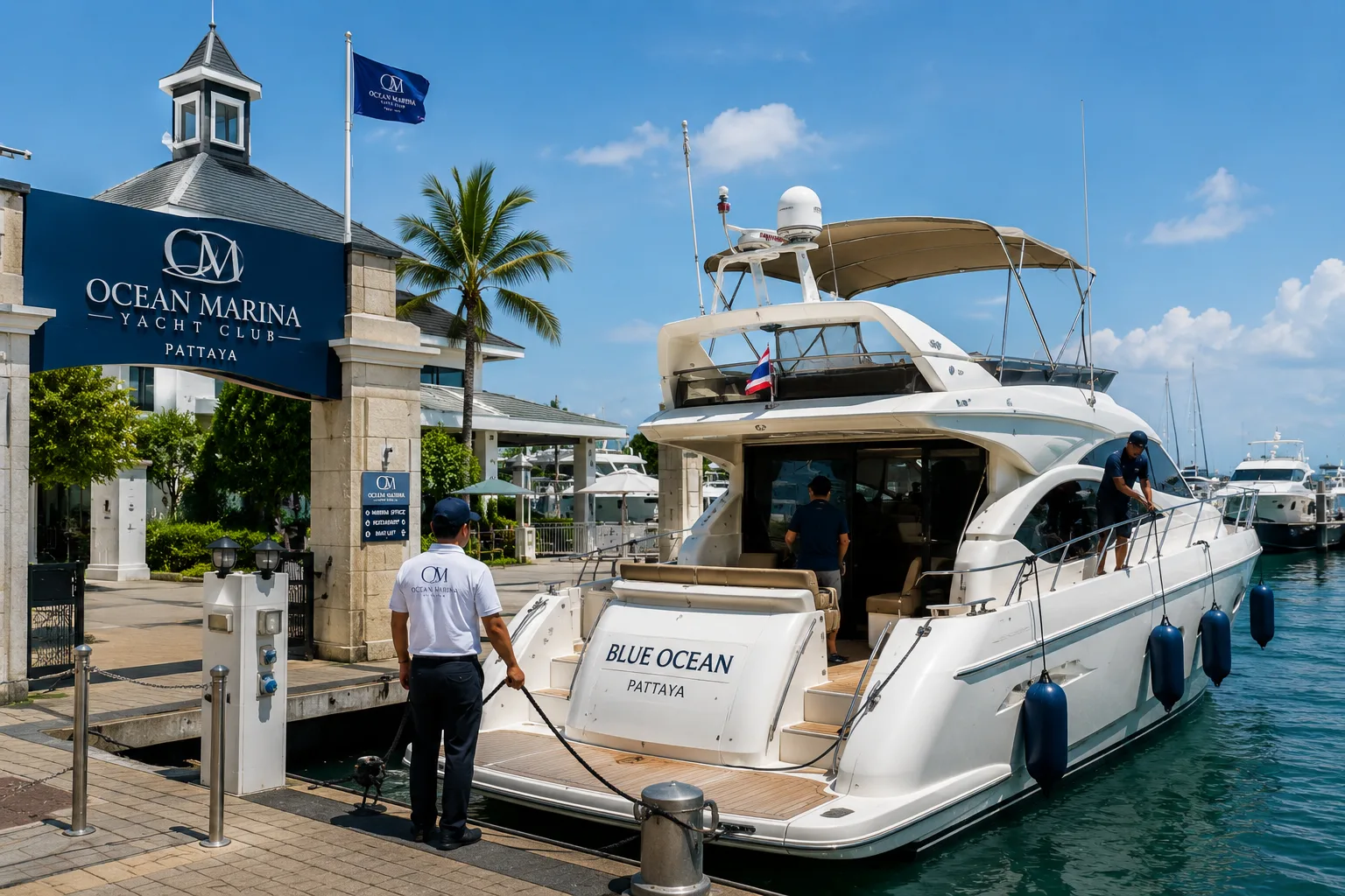 Ocean Marina Yacht Club Departure 오션 마리나 요트 클럽 선착장에서 출항 준비 중인 럭셔리 요트